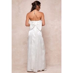 Lulus Avid Elegance Ivory Satin Jacquard Strapless Bow Maxi Dress NWT XS